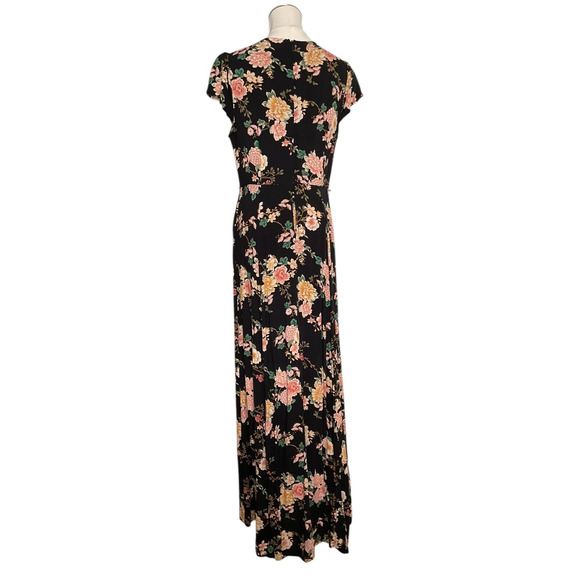 Forever 21 Womens Medium Black Floral Maxi Dress V Neck Cap Sleeve Contemporary - Picture 11 of 14